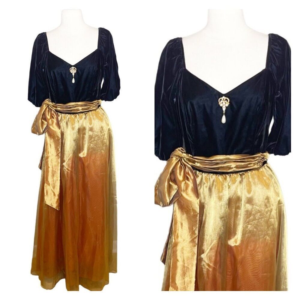 Vintage 90s David Rose Size 10 Ball Gown Black Velvet Gold Taffeta Formal‎ Dress